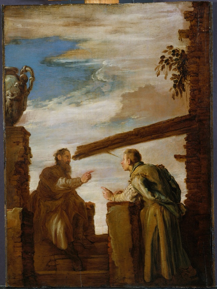 A man with a large wooden beam jutting from his own eye leans toward a second man, pointing at a tiny speck in that man's eye.