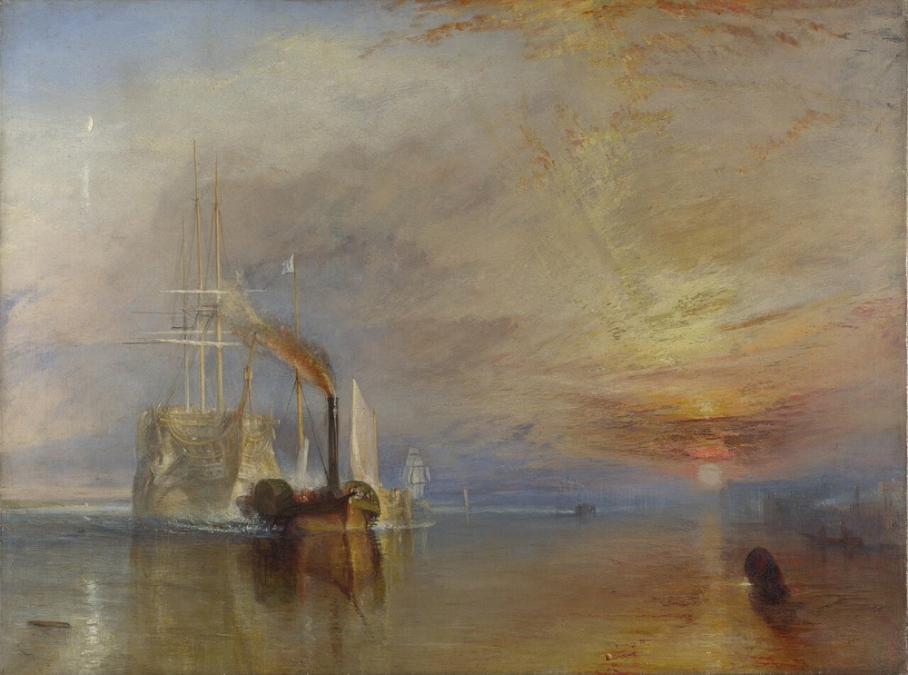 A blazing golden sunset over the Thames; a pale, ghostly old sailing warship with towering masts is drawn along by a small dark steam tug belching black smoke.