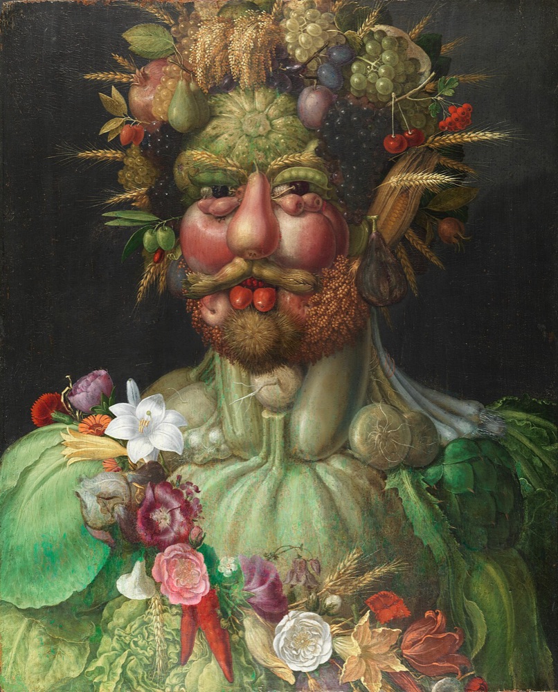 A human head and torso composed entirely of fruits, vegetables, flowers and grains — pears and apples for cheeks, a gourd forehead, grapes and wheat forming the body — assembling into a recognizable bearded face.