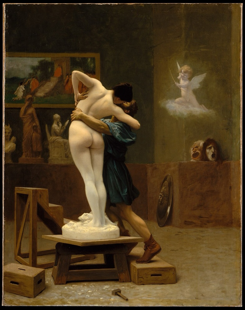 A sculptor stretches up to embrace his ivory statue of a woman; her lower body is still pale stone while her upper body flushes into living, warm-toned flesh.